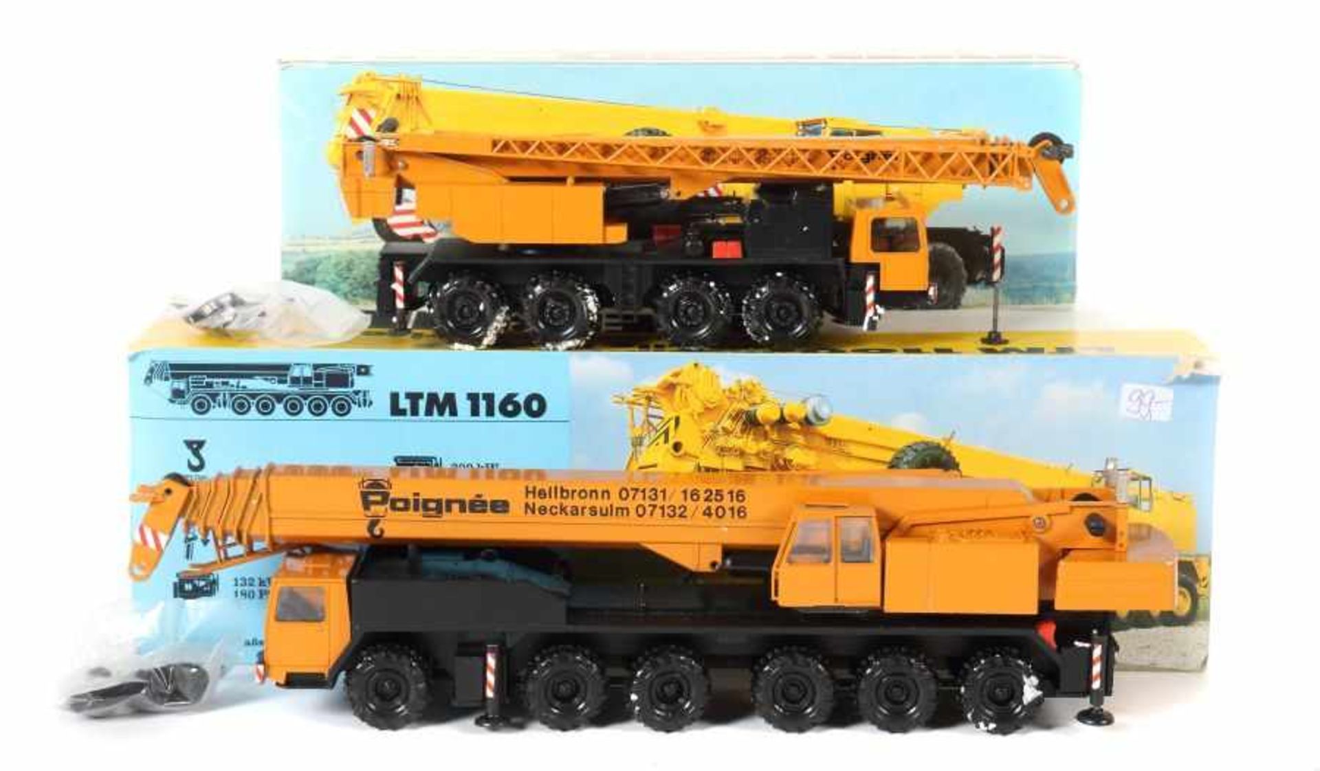 2 Modellkräne Liebherr, M: 1:50, Modell LTM 1060 und LTM 1160, je im org. Verpackung, nicht