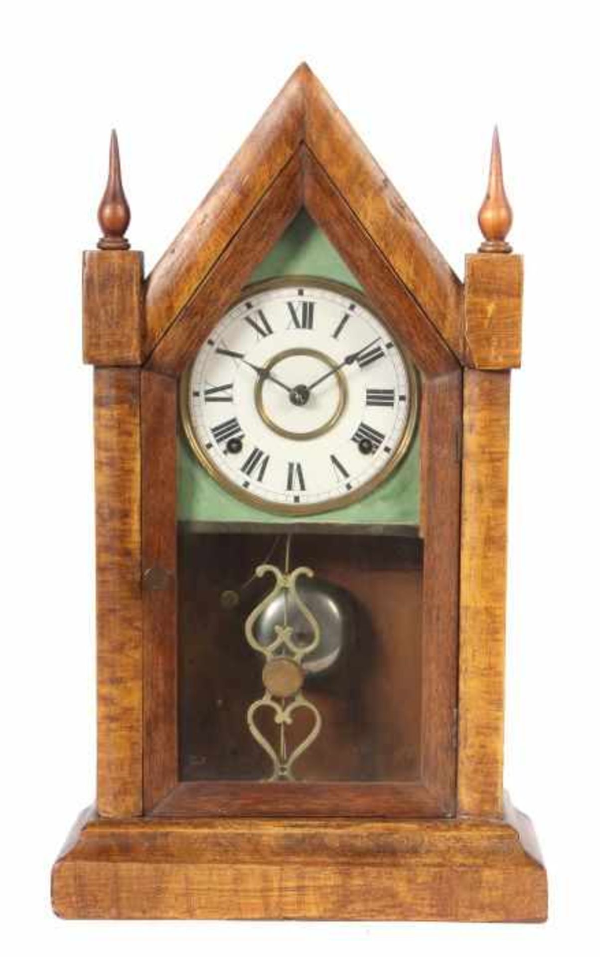 Ansonia Gothic Clock USA, Ende 19. Jh., römische Stundenzahlen auf Papierzifferblatt, in
