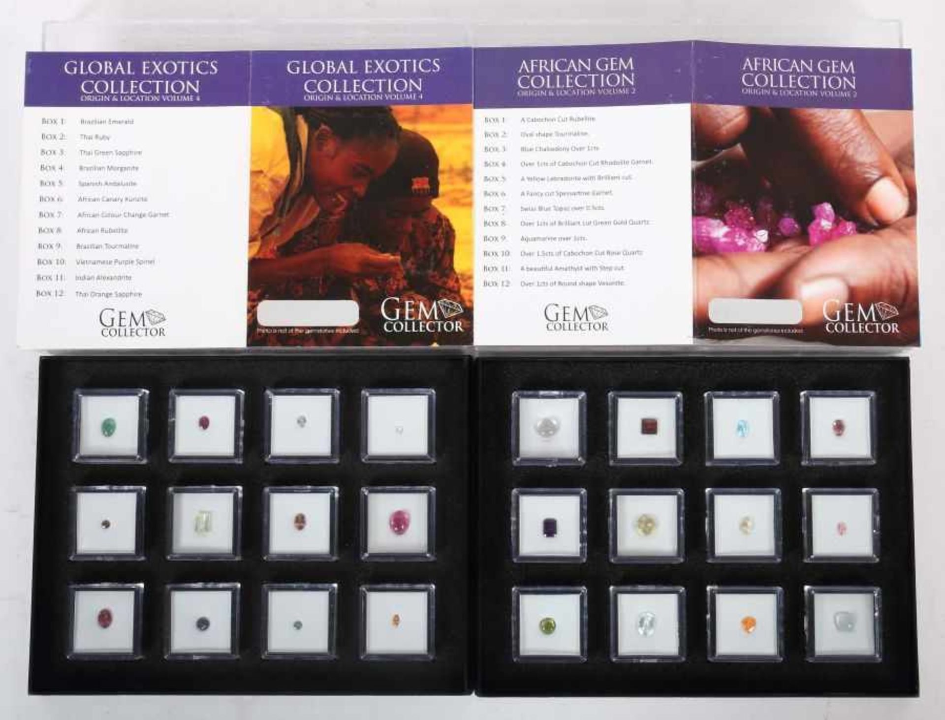 2 Sammelboxen Gem Collector, je 12 Schachteln mit Edelsteinen, "African gem collection - Origin &