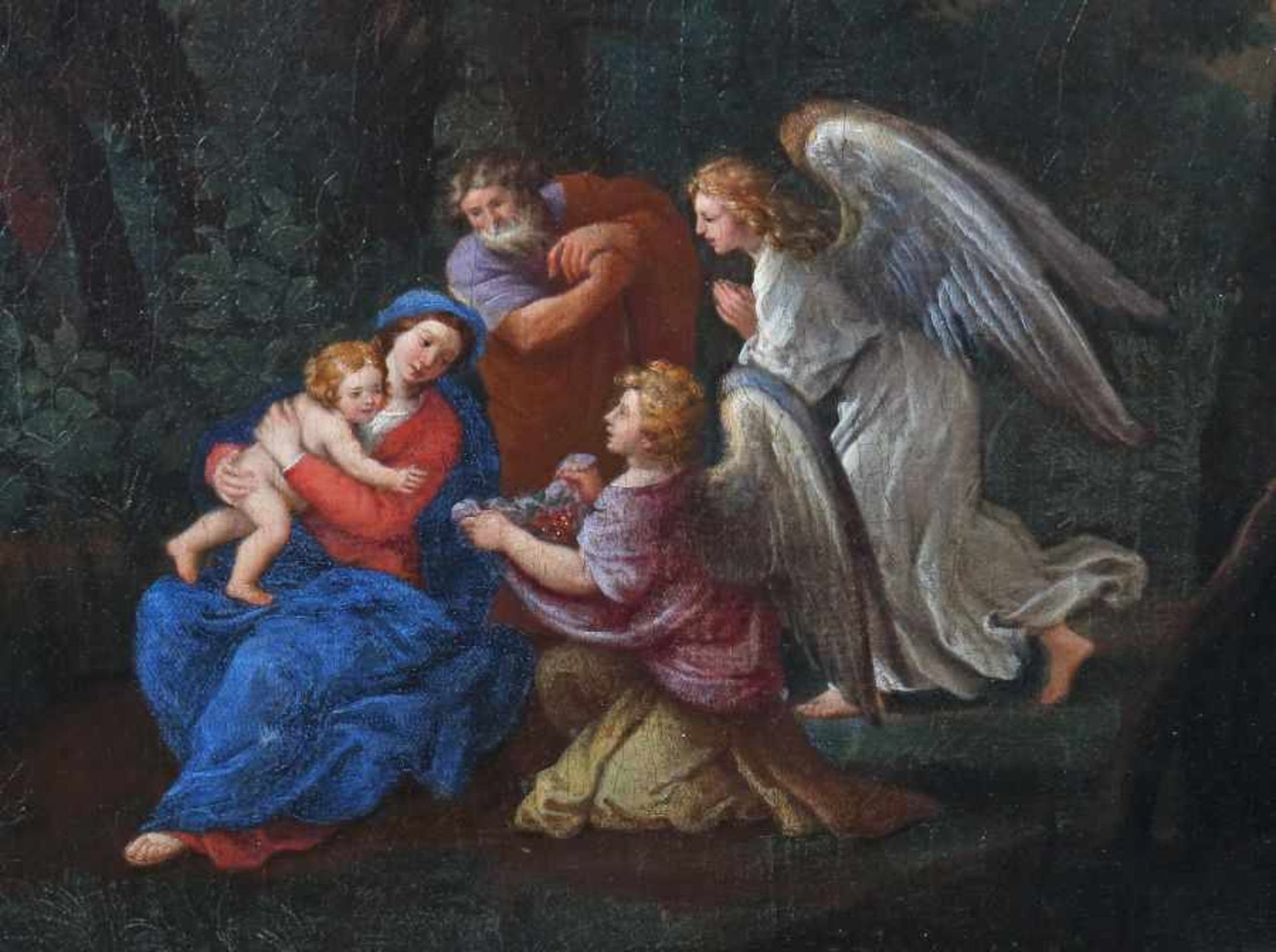 Maler des 18./19. Jh. "Hügelige Ideallandschaft", mit Heiliger Familie und Engeln unter knorrigem - Bild 3 aus 5