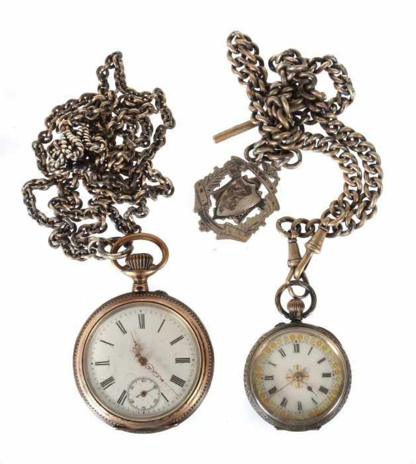 2 Taschenuhren mit Uhrenketten Schweiz, um 1900, Silber 800/935/Metall, Damentaschenuhr mit weißem