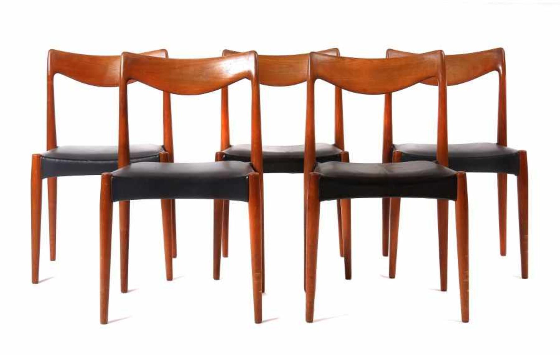 5 Stühle Norwegen, 1960er Jahre, Ausführung: Gustav Bahus, Konstruktion aus Teak, organisch geformte