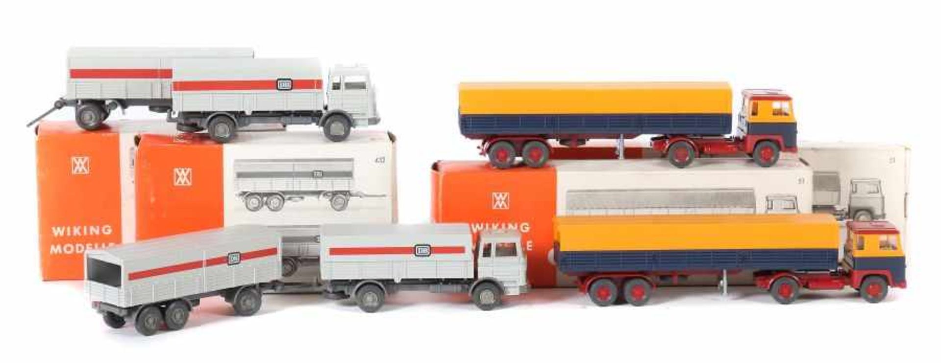 2 Scania-Sattelzüge und 2 DB-Fernlastzüge Wiking, M: 1:87, 2x Nr. 51: Scania-Sattelzug, mit