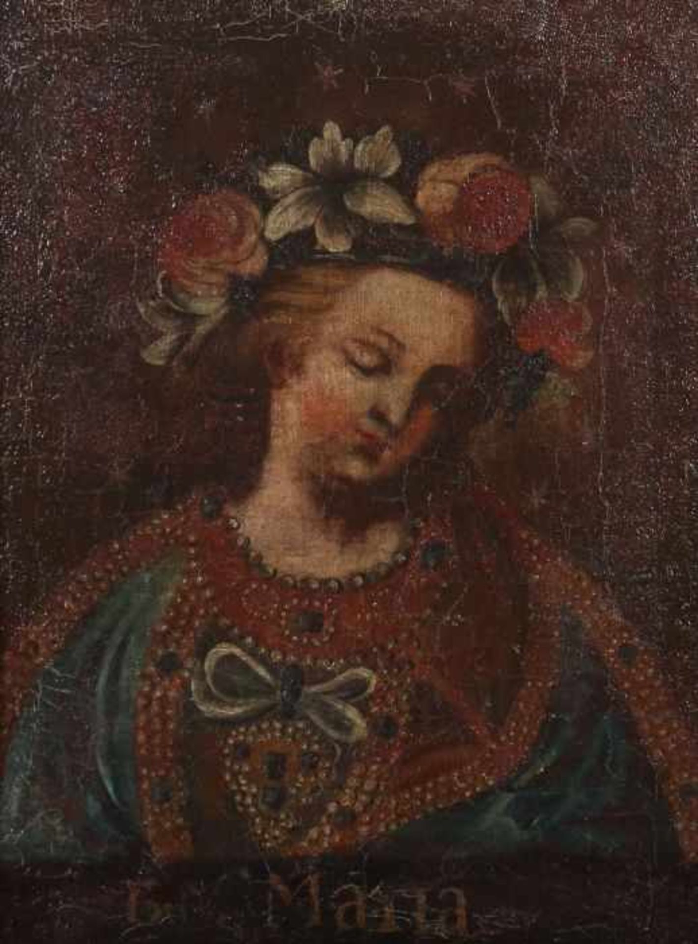 Maler des 17./18. Jh. "Maria", Brustbildnis der von Blumenkranz bekrönten Jungfrau Maria mit
