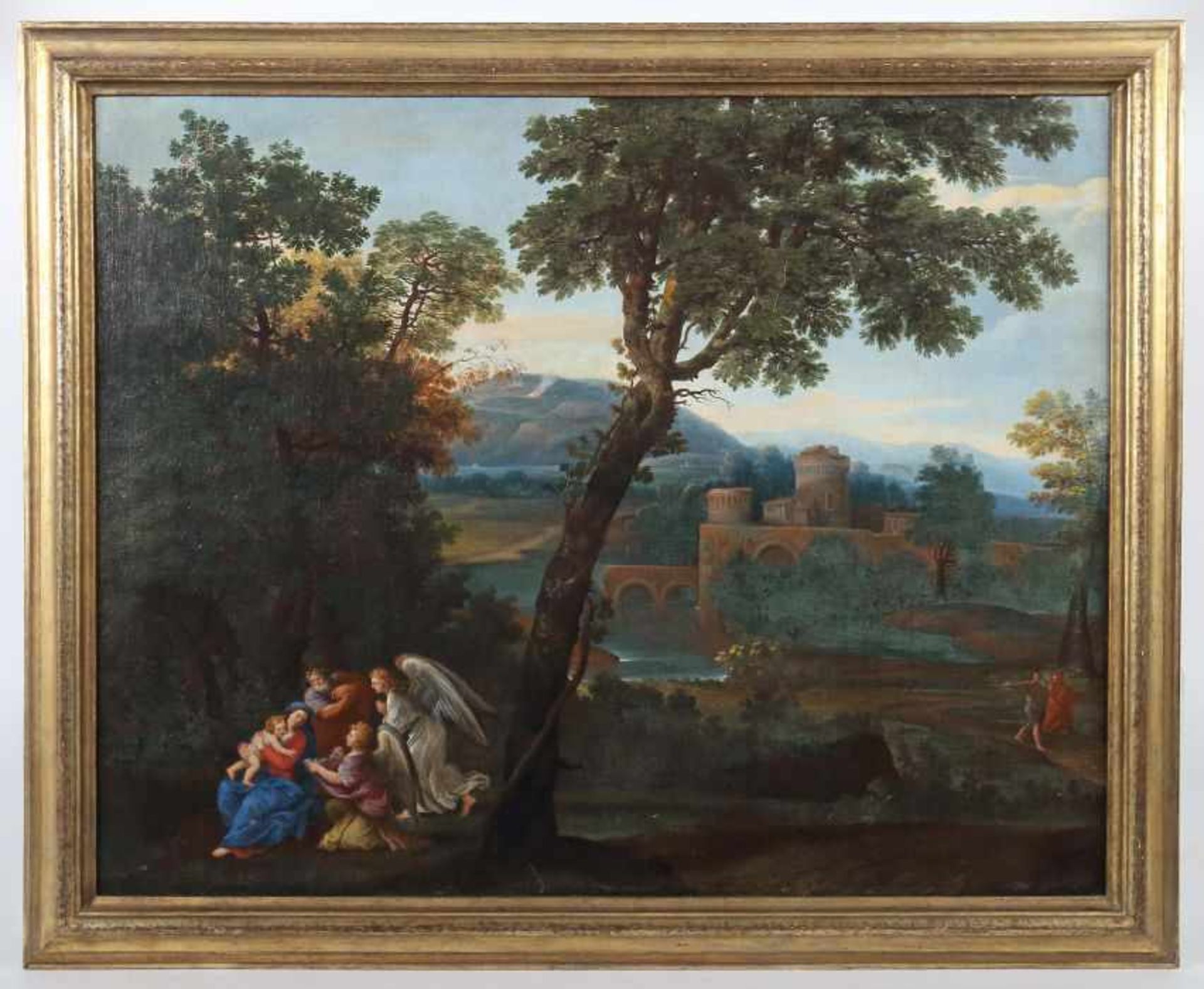 Maler des 18./19. Jh. "Hügelige Ideallandschaft", mit Heiliger Familie und Engeln unter knorrigem - Bild 2 aus 5