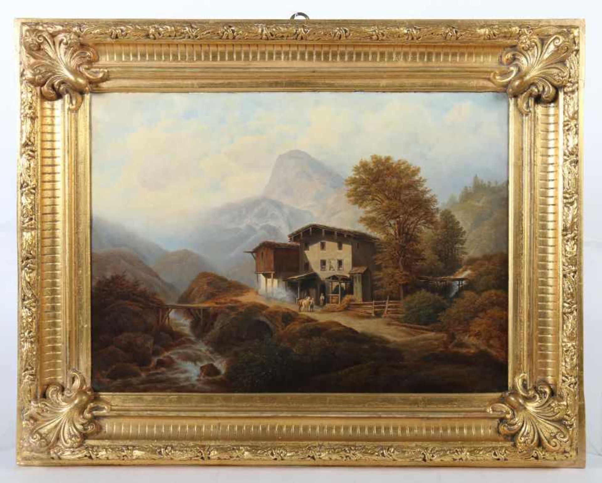 Österreichischer Maler des 19. Jh. "Rast am Berghof", spätsommerliche Landschaftsdarstellung mit - Bild 2 aus 4