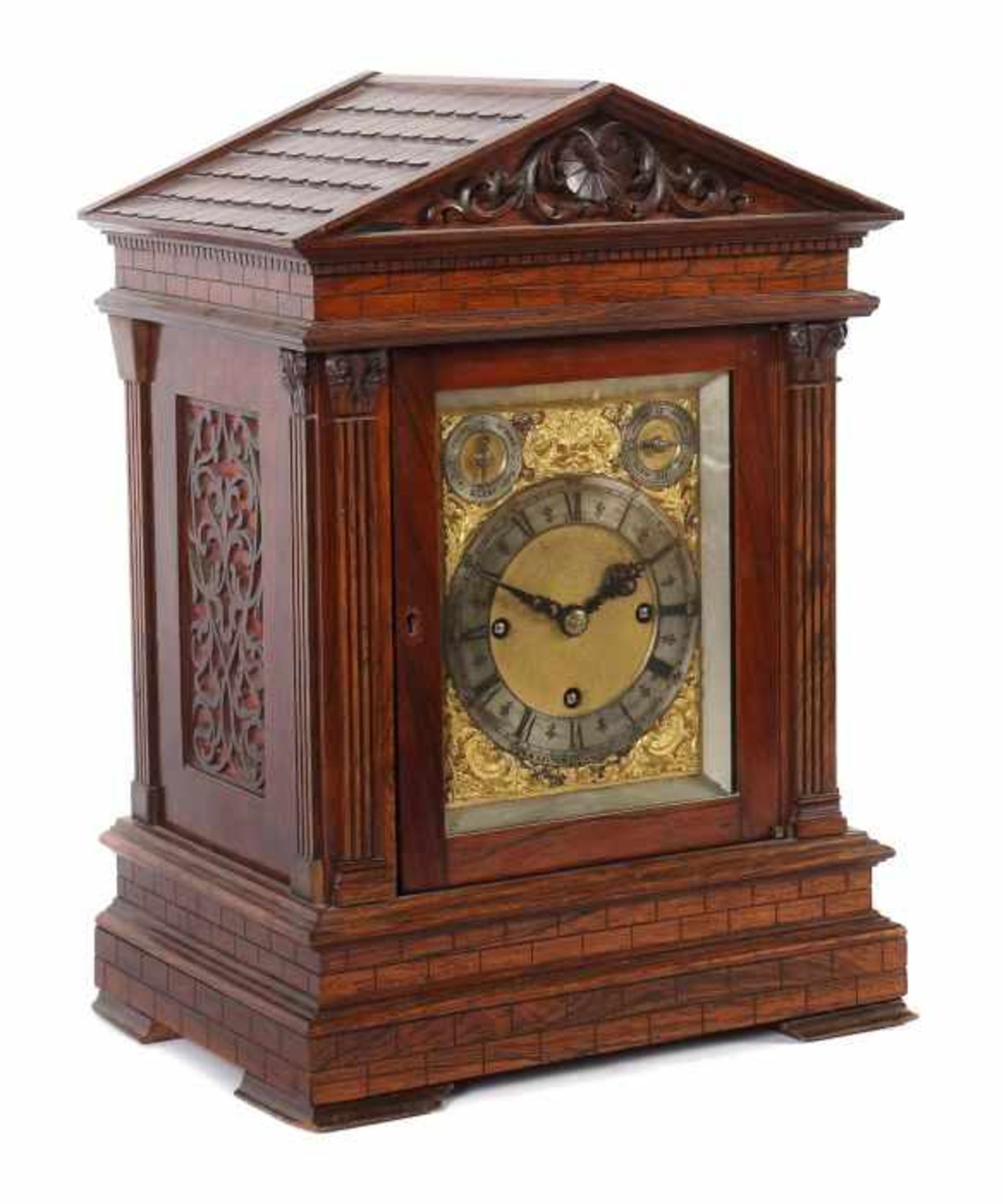 Bracket Clock in Ädikula-Gehäuse London/England, wohl um 1800, gerahmte und feuervergoldete - Bild 2 aus 3