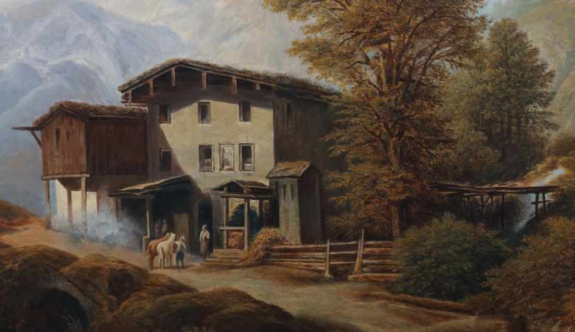 Österreichischer Maler des 19. Jh. "Rast am Berghof", spätsommerliche Landschaftsdarstellung mit - Bild 3 aus 4