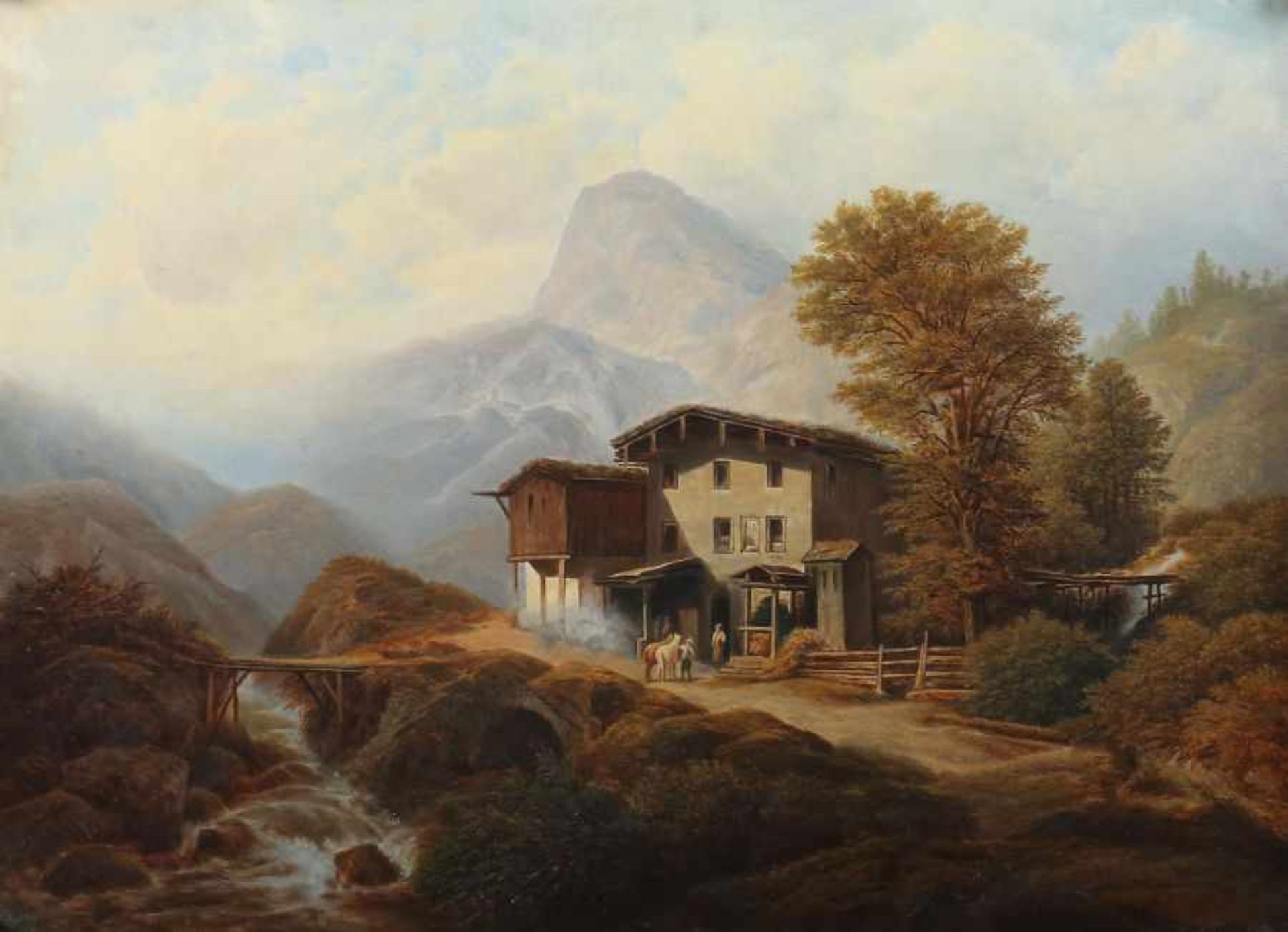 Österreichischer Maler des 19. Jh. "Rast am Berghof", spätsommerliche Landschaftsdarstellung mit