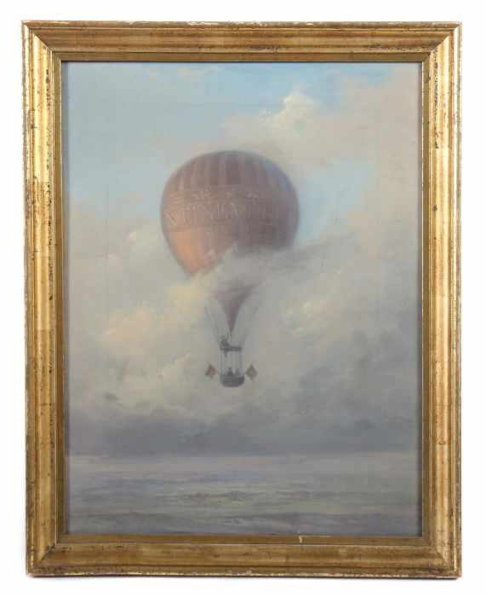 Maler des 19./20. Jh. "Ballonfahrt", drei Männer in einem Fesselballon, über einer Landschaft mit - Bild 2 aus 3
