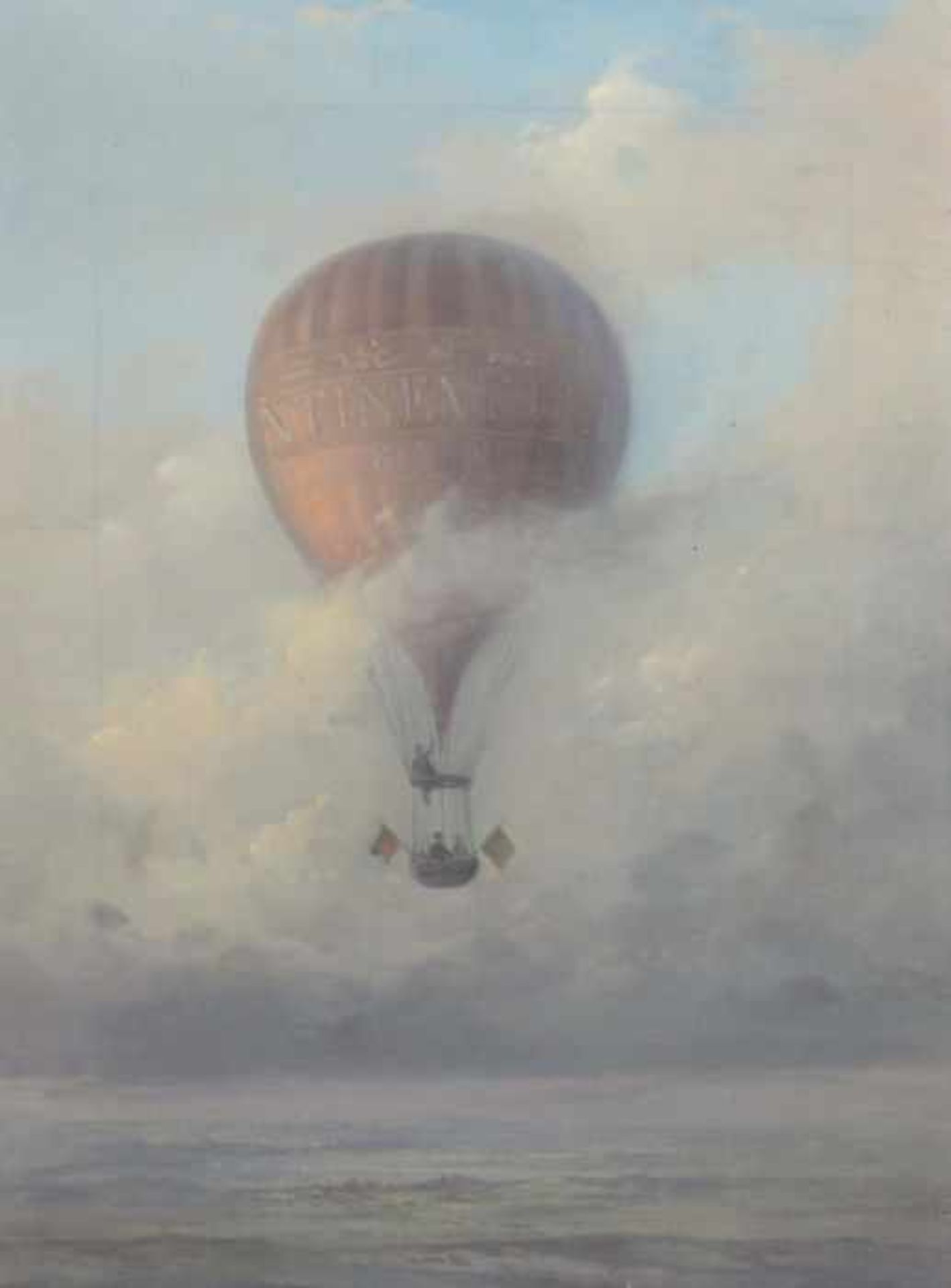 Maler des 19./20. Jh. "Ballonfahrt", drei Männer in einem Fesselballon, über einer Landschaft mit