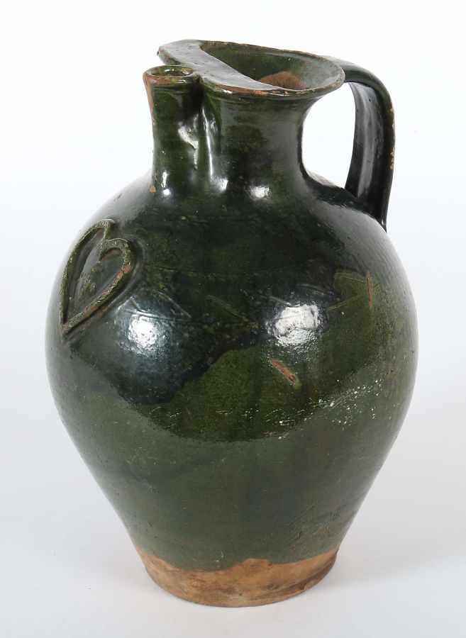 ÖlkrugNeckartal, Mitte 19. Jh., beiger Scherben, grün glasiert, bauchige, leicht gezogene Form, - Image 2 of 3