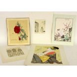 LOT VON 5 JAPANISCHEN GRAFIKEN Holzschnitt, Aquarell etc. A LOT OF 5 JAPANESE PRINTS Woodcut,