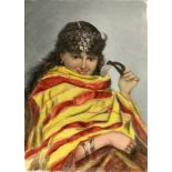PORZELLAN BILDPLATTE 20.Jh. Bildnis einer Orientalin mit Maske. Polychrome Malerei. 25x18cm A