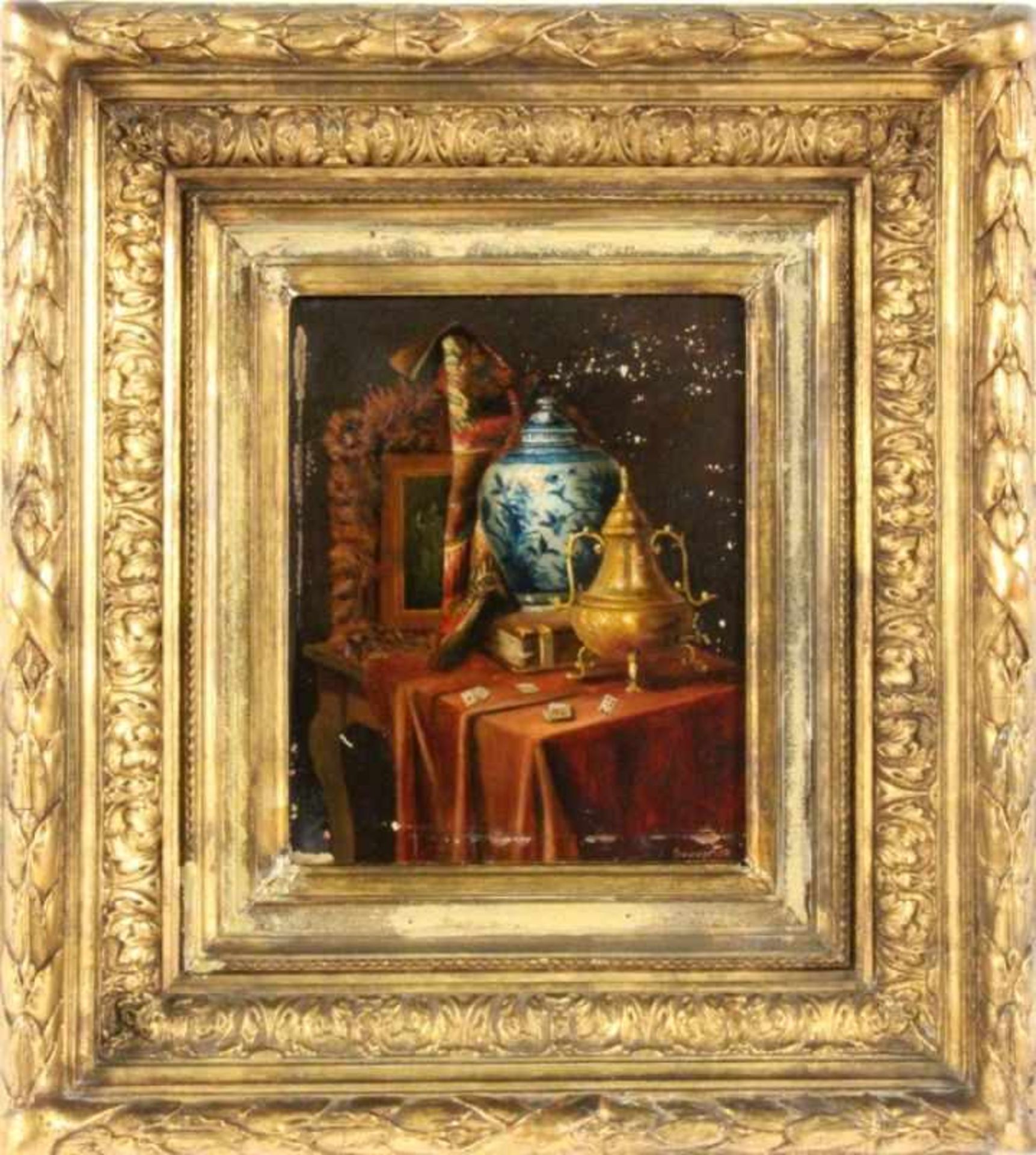 BOUVET Französischer Maler 1898 Stillleben mit Einrichtungsgegenständen und auf dem Tisch