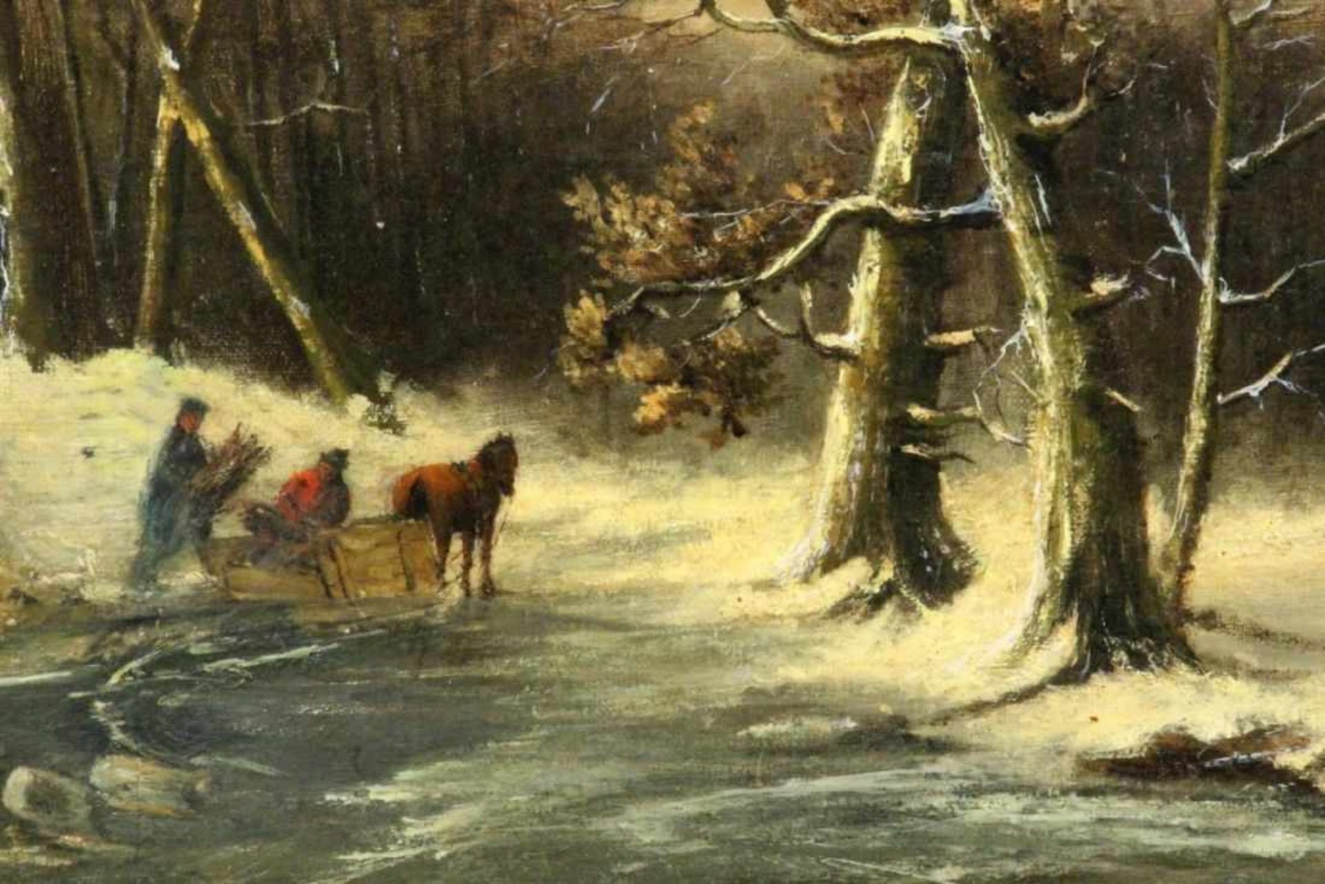GOERZ, L.W. (?) Deutscher Maler um 1900 Verschneite Waldlandschaft mit Waldarbeitern und Fuhrwerk. - Image 4 of 4