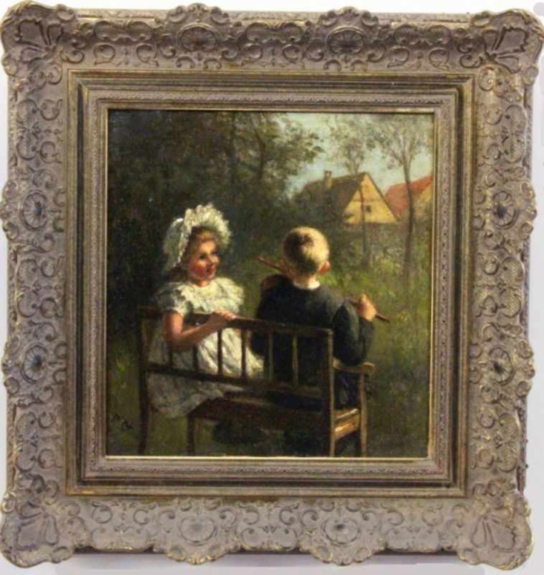 PETERS, PIETRONELLA Stuttgart 1848 - 1924 Zwei Kinder auf einer Bank sitzend. Öl/Lwd., auf
