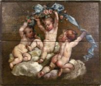 DESPORTES, F. Frankreich um 1700 3 Putti auf Wolke mit Blütenranke. Öl/Holz, parkettiert. Signiert