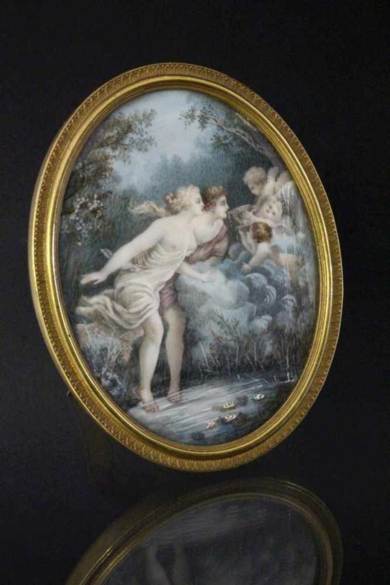 MINIATUR wohl Frankreich, 19.Jh. Venus und Adonis an einer Quelle mit Amoretten. Gouache auf