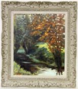 MERLET Frankreich, 20.Jh. Herbstliche Flußlandschaft. Öl/Holz, signiert. 55x46cm, Ra. MERLET France,