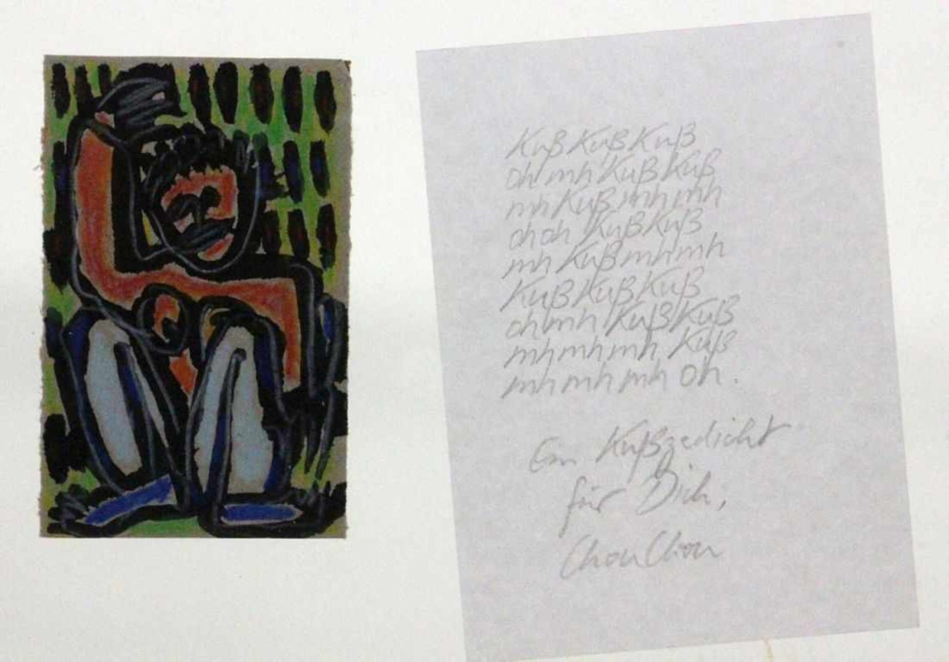 RADLACH, CONSTANZE Stuttgart Sitzende Frau. Filzstift-Zeichnung, 10x6cm. Ein Kußgedicht für Dich.