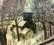 BECKER, L.H. 1929 Kirche im Schnee. Öl/Lwd., signiert und datiert (19)29. 62x72cm, Ra. BECKER, L.