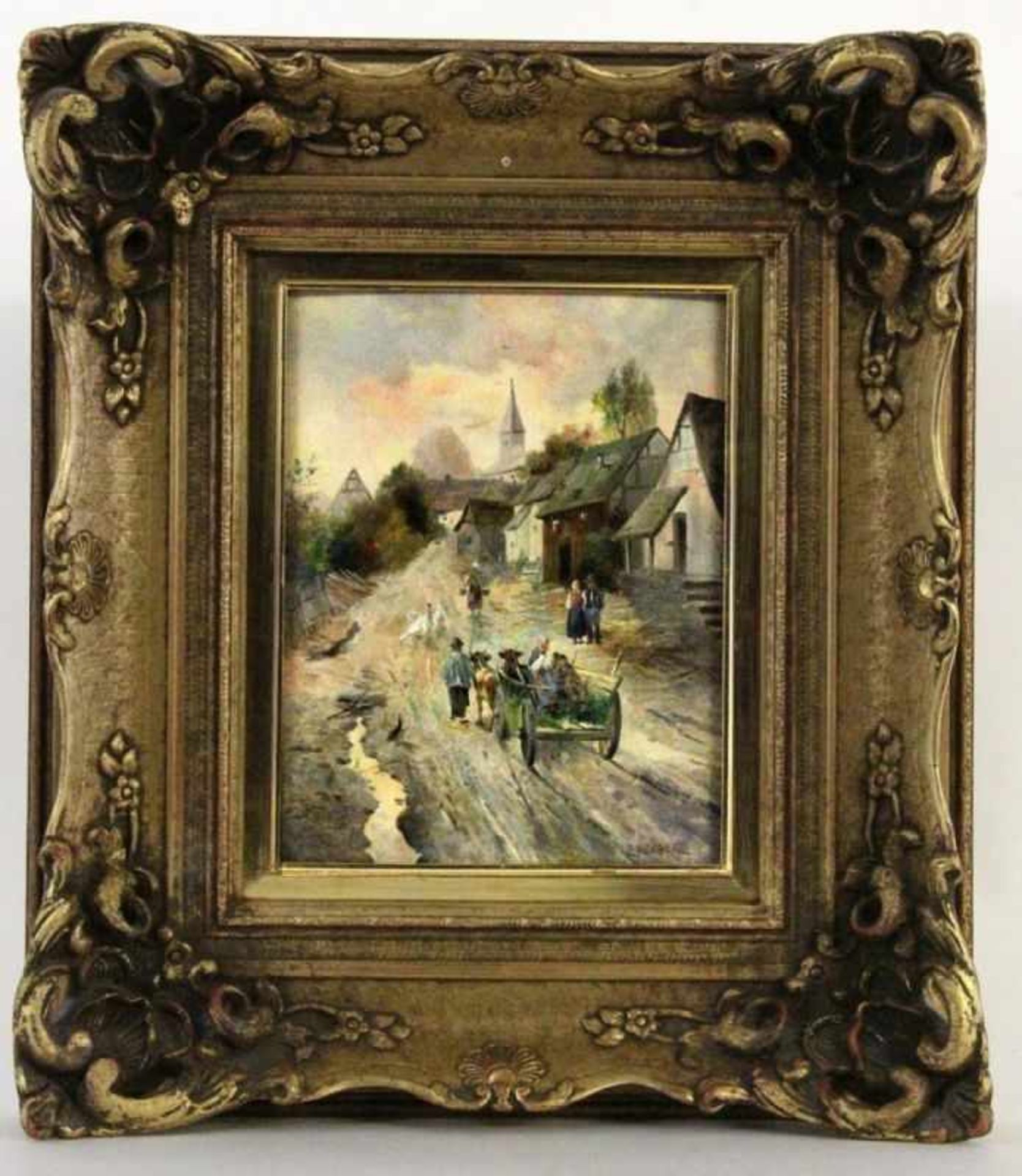 BÜRGER, E. Münchner Maler um 1900 Dorfstraße mit Personenstaffage. Öl/Holz, signiert. 27x21cm, Ra.