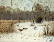 BAUER, HANS Drebkau 1883 - 1967 Konstanz Fasanen im Schnee. Öl/Lwd., signiert. 65x85cm, Ra. BAUER,