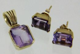 ANHÄNGER UND PAAR OHRSTECKER 585/000 Gelbgold mit Amethysten und Brillantbesatz am Anhänger.