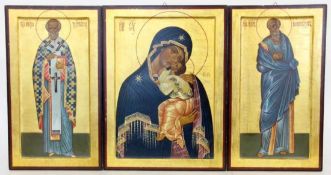 SCHELECHOFF, NIKOLAJ 1975 Triptychon. 3 Ikonen, Gottesmutter mit Kind u d zwei Heilige. Auf Holz