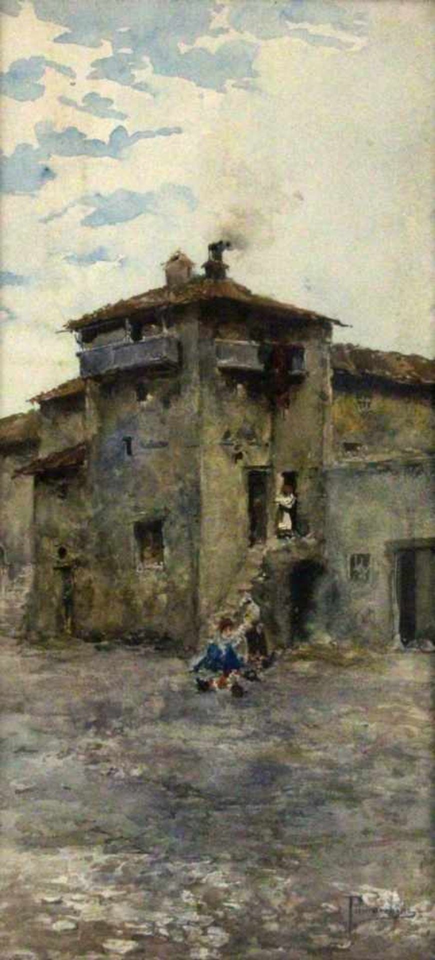 PENNANCHINI, DOMENICO Rom 1860 - ca. 1932 Altstadtkulisse mit Frauen an einer Haustreppe. Aquarell