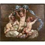 DESPORTES, F. Frankreich um 1700 3 Putti auf Wolke mit Blütenranke. Öl/Holz, parkettiert. Signiert