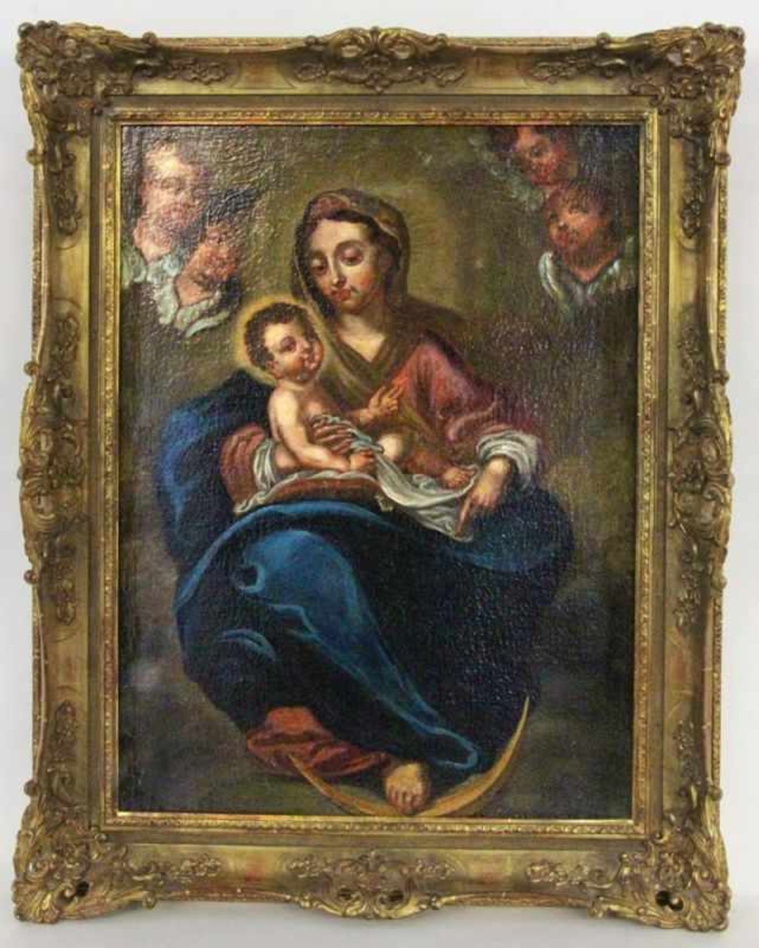 BAROCKMALER 17./18.Jh. Madonna mit Kind, umgeben von Engeln. Öl/Lwd., 85x62cm, Ra. Rest. und auf