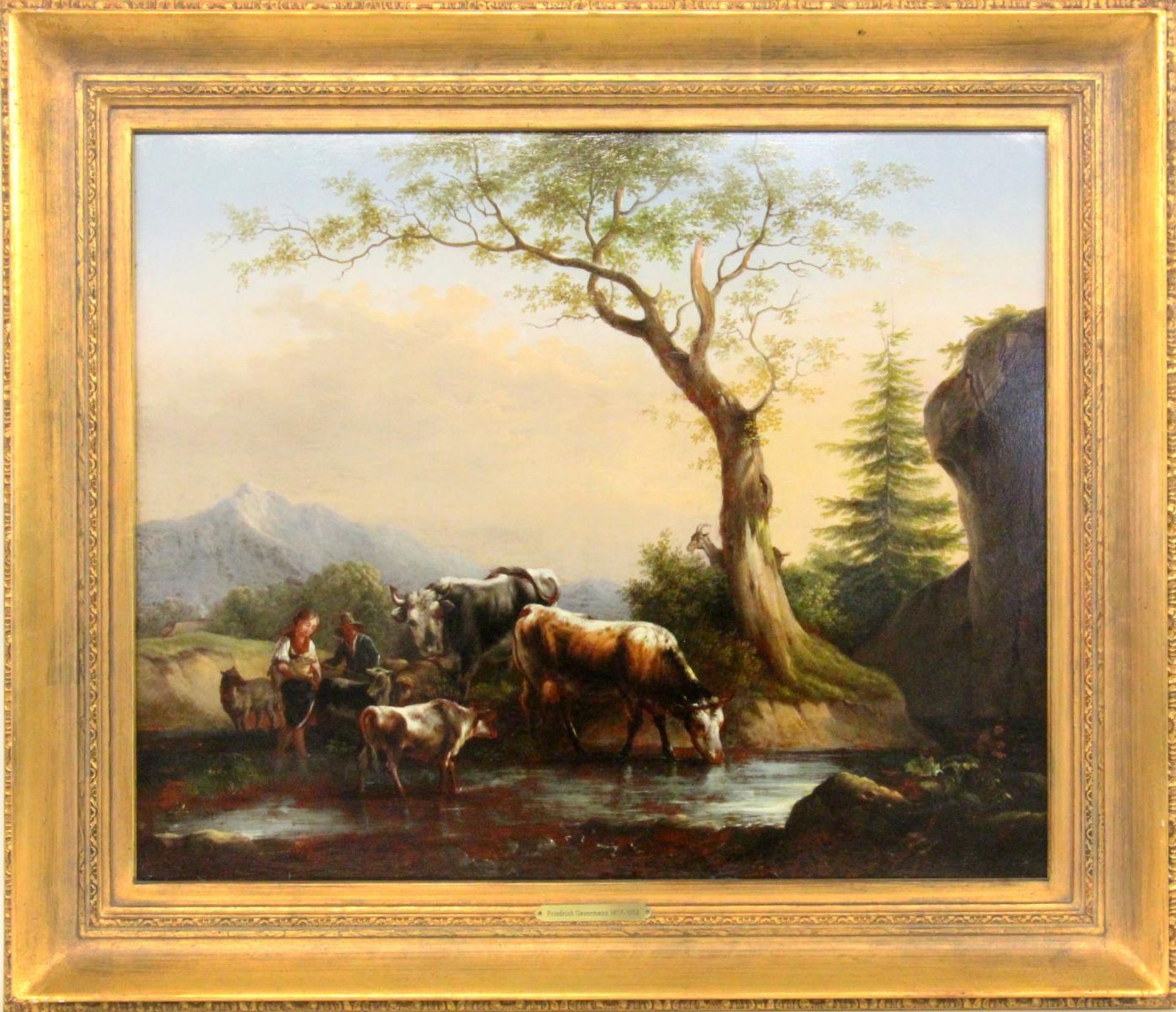 GAUERMANN, FRIEDRICH (nach) Miesenbach 1807 - 1862 Wien Hirten mit Kühen und Schafen am Bach. Öl/