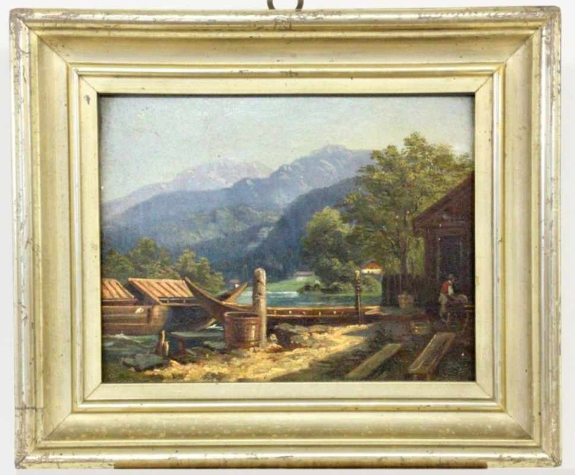 ANONYMER KÜNSTLER 19.Jh. Alpensee mit Fischerhütte und Booten. Öl/Karton, 17x22cm, Ra. UNKNOWN