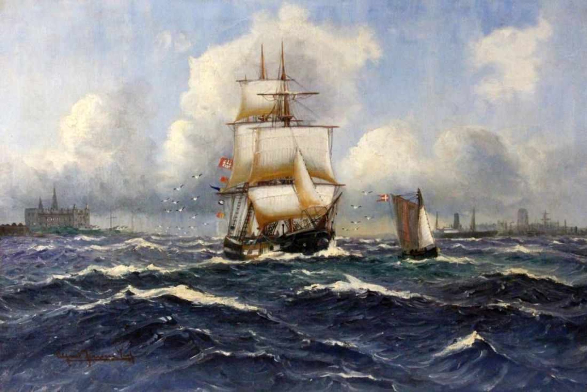 JENSEN, ALFRED Randers 1859 - 1935 Hamburg Segelschiff vor der Küste. Öl/Lwd., signiert. 55x80, - Bild 2 aus 3