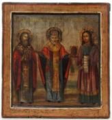 IKONE Russland, 19.Jh. Die Heiligen Basilios der Große, Nikolaus, Bischof von Myra und Stephanus.