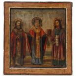 IKONE Russland, 19.Jh. Die Heiligen Basilios der Große, Nikolaus, Bischof von Myra und Stephanus.