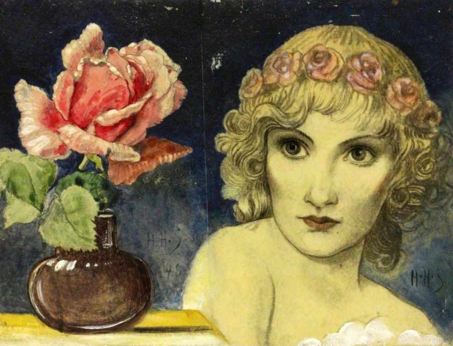 HUBER-SULZEMOOS, HANS Sulzemoos 1873 - 1951 München Frauenbildnis mit Rose. Öl/Papier auf Holz,