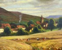 WAHLER, CARL Esslingen 1863 - 1931 Stuttgart Bauern bei der Ernte. Öl/Karton, Verso bezeichnet.