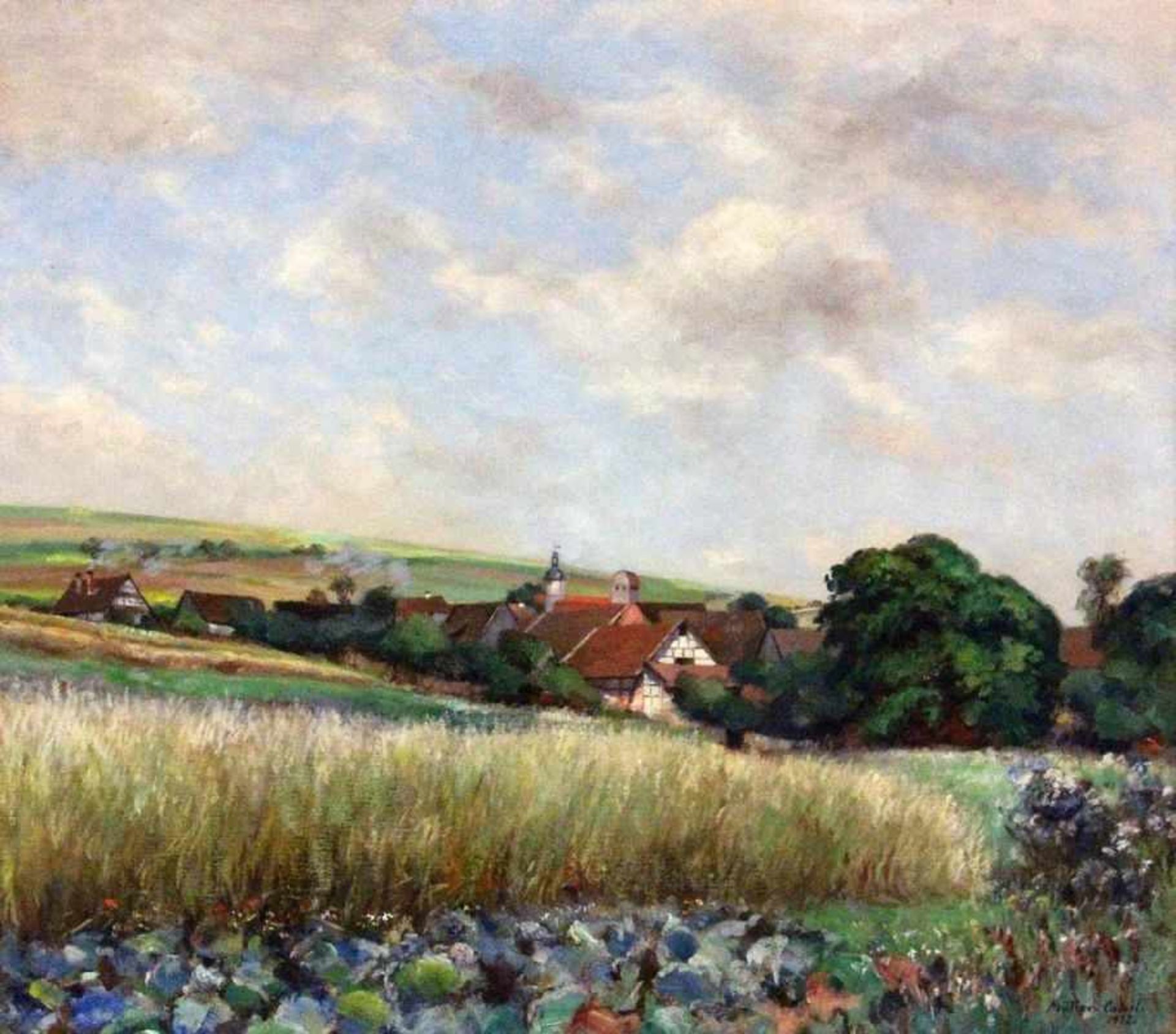 MÜLLER-CASSEL, ADOLF LEONHARD Kassel 1864 - 1943 Berlin Sommerlandschaft mit Kirchdorf. Öl/Lwd.,