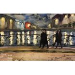 MAIOROV Russischer Maler um 1960 Nächtliche Stadt mit Personen auf einer Brücke. Aquarell,