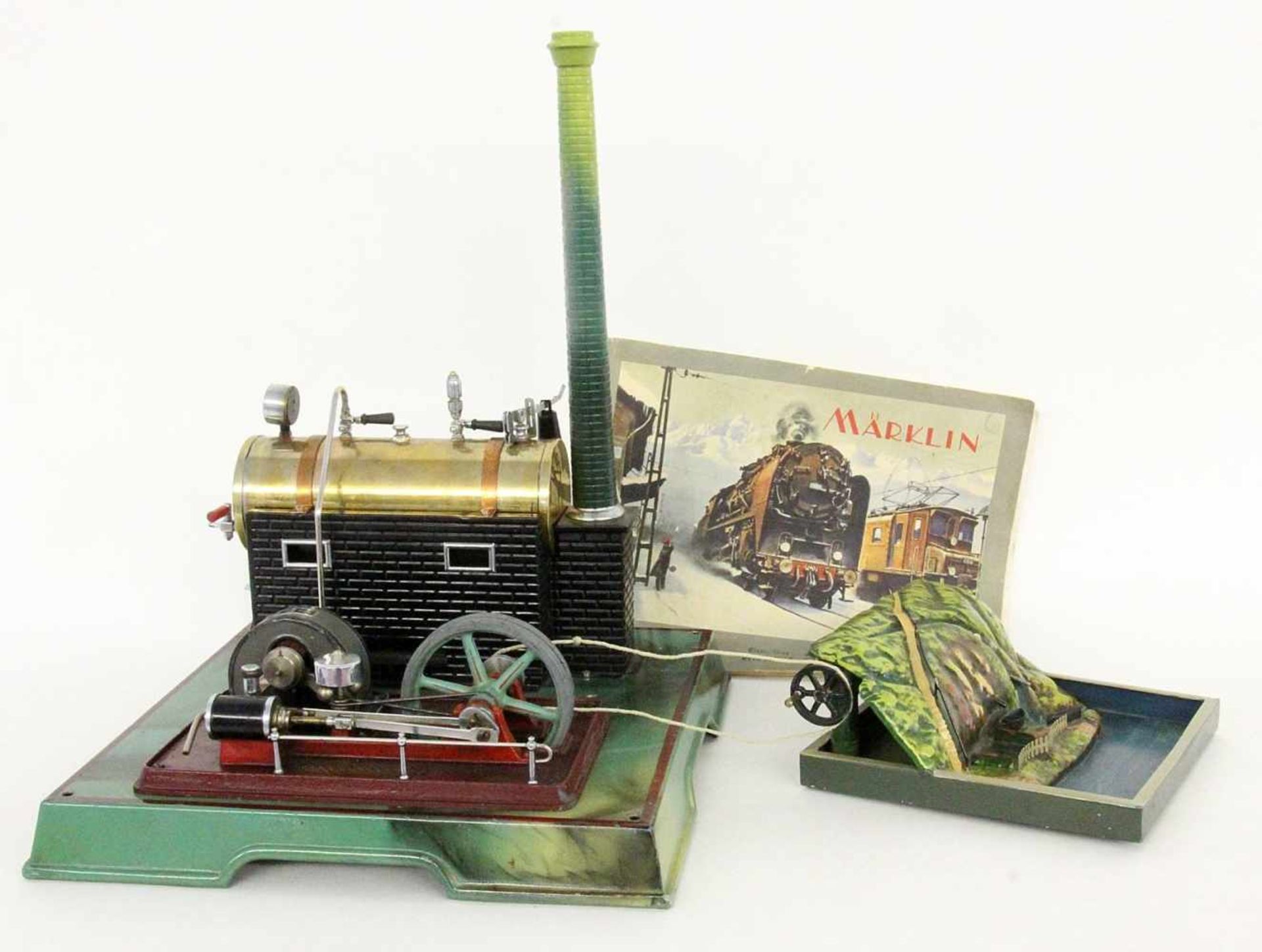 MÄRKLIN DAMPFMASCHINE 4097/91/7 1930er Jahre Liegender Messingkessel, mit Brenner, Armaturen,