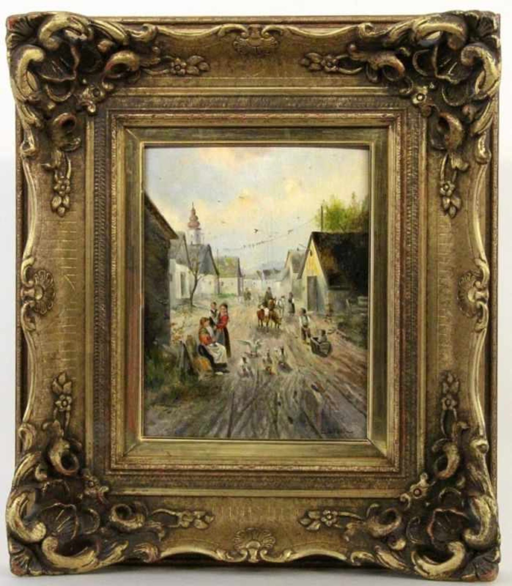 BÜRGER, E. Münchner Maler um 1900 Dorfstraße mit Personenstaffage. Öl/Holz, signiert. 27x21cm, Ra.