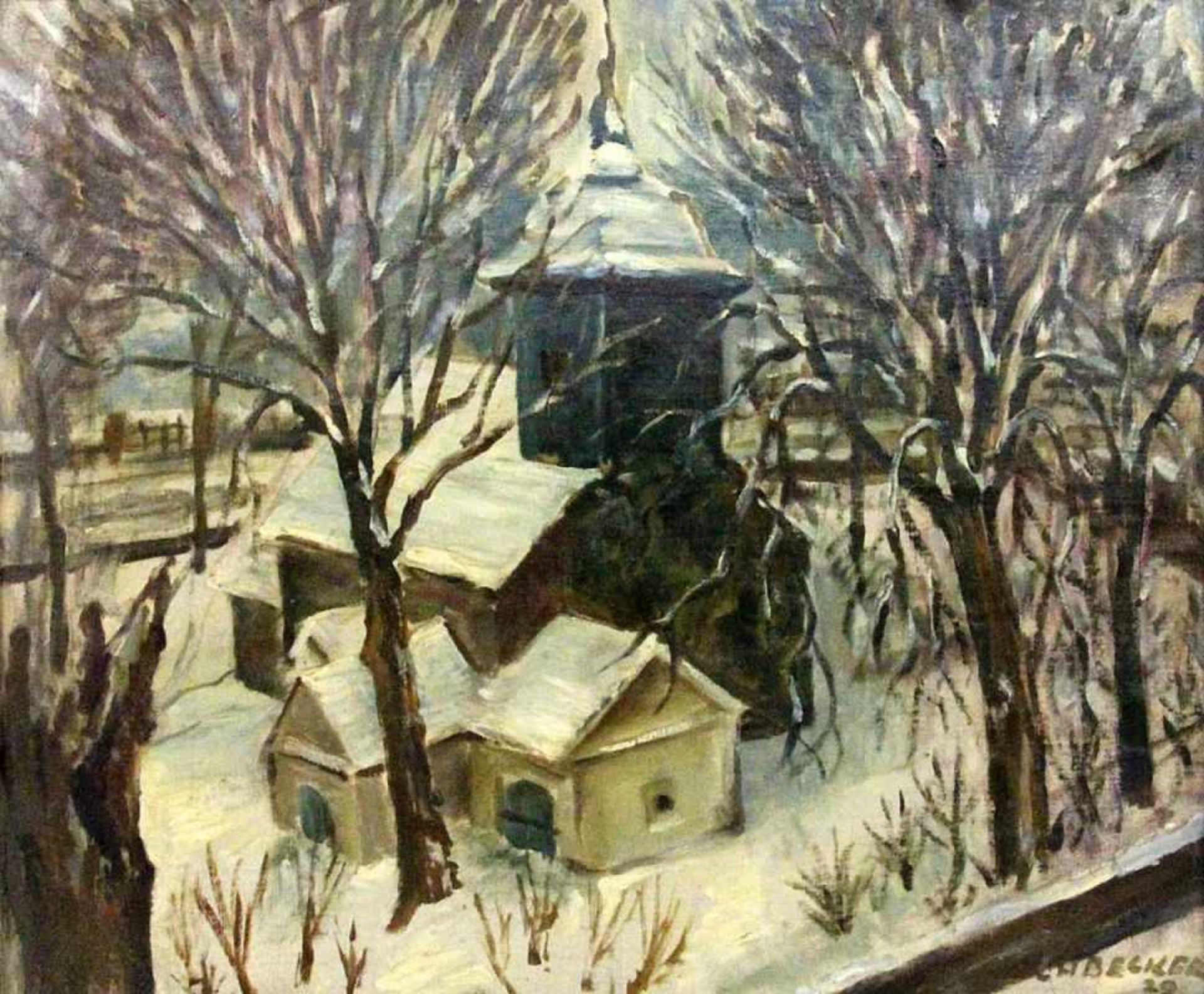 BECKER, L.H. 1929 Kirche im Schnee. Öl/Lwd., signiert und datiert (19)29. 62x72cm, Ra. BECKER, L.