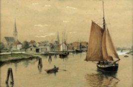 LÜBKE, A. 1922 Stadt am Fluß mit Booten. Aquarell, signiert und dat.: 1922. 17,5x36cm, Ra. LUBKE, A.