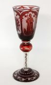 GROSSER GLASPOKAL wohl Karl Pfohl, Steinschönau 19.Jh. Farblose, rot gebeiztes Glas. Geschliffen mit