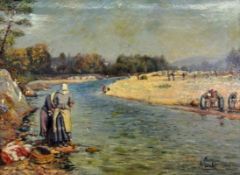 COMBE, A. Frankreich 1905 Wäscherinnen am Fluß. Öl/Lwd., signiert und dat.: 1905. 67x92cm, Ra.