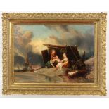 DESBOIS, J. Frankreich um 1840 Drei Fischerkinder mit frischen Fischen am Ufer. Im Hintergrund ein