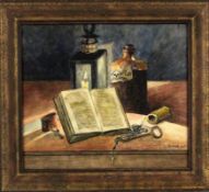 SUTTER, C. 1918 Alchemie-Stillleben mit Giftflasche, Lampe, Buch und Accessoires. Aquarell, signiert